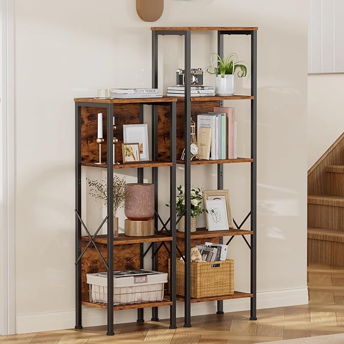 Furologee 5 Tier Bookshelf with Back, Tall Narrow Bookcase, Rustic Standing Shelf Units, Metal and Wood Display Storage Rack Organizer for Bedroom, Living Room, Home Office, Entryway - LeafyLoom