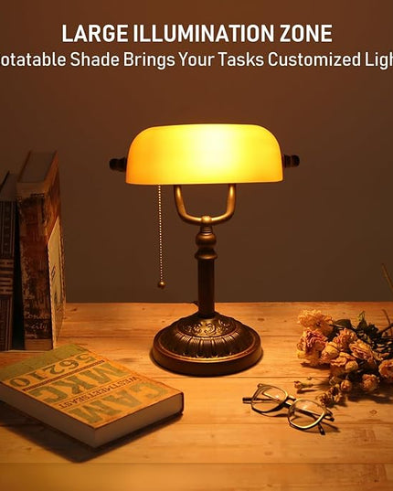 TORCHSTAR Bankers Desk Lamp with Pull Chain Switch, Amber Glass Shade Desk Lamps, Bronze Base, UL Listed, E26 Base, Vintage Library Lamp for Office, Study Room(Matted Orange) - LeafyLoom
