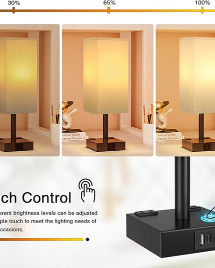 Touch Bedside Table Lamp For Nightstand - 3-Way Dimmable Night Lamp with USB A + Type C Charging Ports and two AC Outlets, Small Desk Light with E26 LED Bulb for Bedroom Living Room ,WHITE BLACK - LeafyLoom