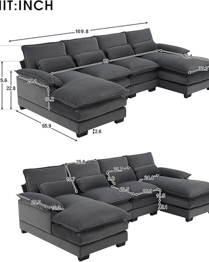 U Shaped Modular Sectional Sofa with Double Chaise Lounge, Chenille Upholstered Symmetrical Cloud Couch with Solid Wood Legs and Waist Pillows, 6 Seater Large Sofa&Couch for Living Room Office - LeafyLoom
