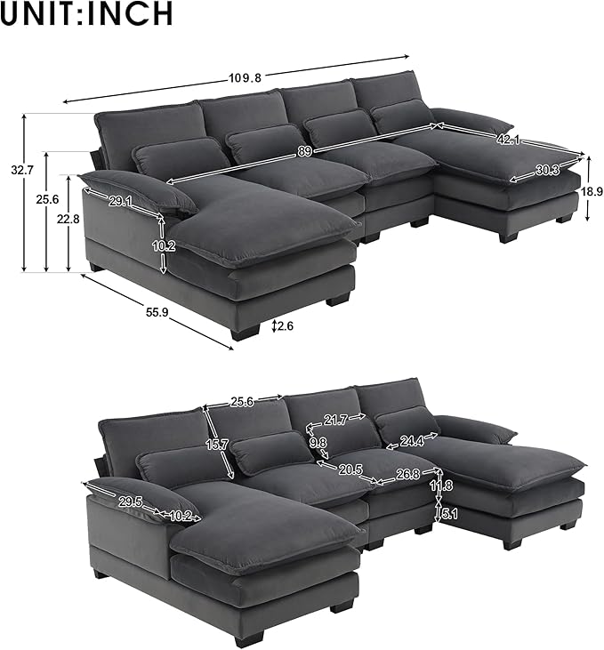 U Shaped Modular Sectional Sofa with Double Chaise Lounge, Chenille Upholstered Symmetrical Cloud Couch with Solid Wood Legs and Waist Pillows, 6 Seater Large Sofa&Couch for Living Room Office - LeafyLoom