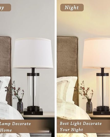 Nightstand Table Lamps for Bedrooms Set of 2 - 3 Way Dimmable Touch Bedside Lamps with USB C+A & Outlets, Black Living Room Lamps with Glass Body for End Tables, Modern Night Stand Lamps for Bedside - LeafyLoom
