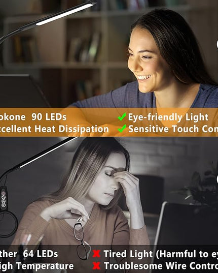 Desk Lamps for Home Office, 10W Clamp Lamp Dimmable Gooseneck Lamp Touch Control, Adjustable Desk Light for Workbench Tabletop (Black) - LeafyLoom