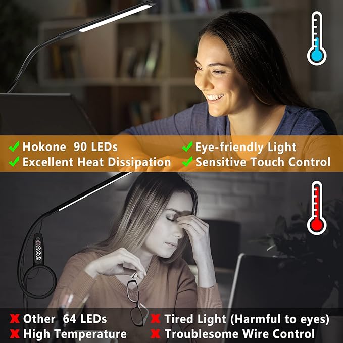 Desk Lamps for Home Office, 10W Clamp Lamp Dimmable Gooseneck Lamp Touch Control, Adjustable Desk Light for Workbench Tabletop (Black) - LeafyLoom