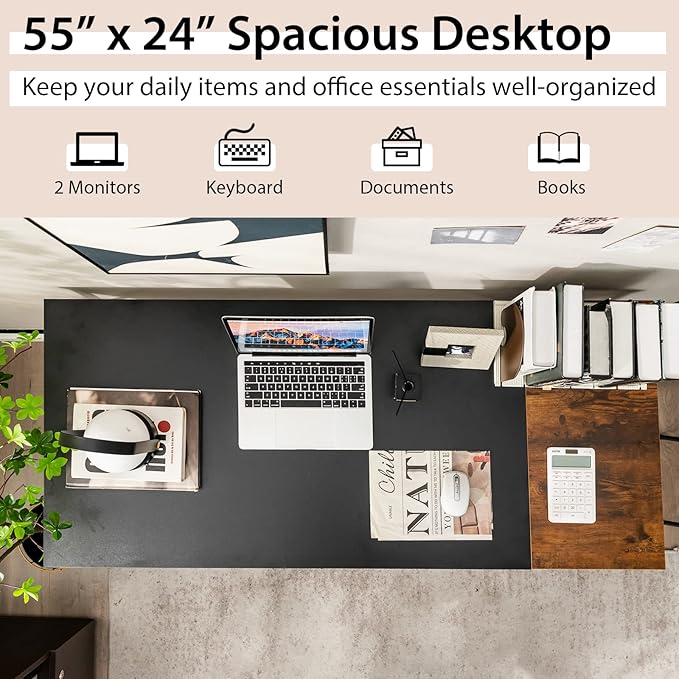Multifunctional Computer Desk, Industrial Study Writing Desk w/Removable Storage Shelf, Heavy-Duty Metal Frame, 55 Inch Desk for Home Office, Gaming Room, Bedroom (Black) - LeafyLoom