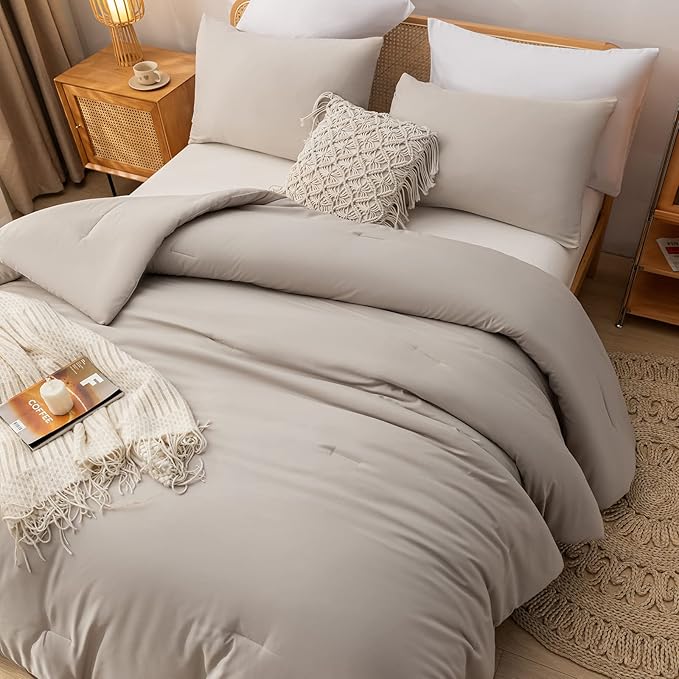 King Comforter Set Tannish Grey Solid Color Lightweight Bedding Comforter Sets 3pcs (1 Comforter, 2 Pillowcases) Soft Microfiber Down Alternative Comforter for All Season - LeafyLoom