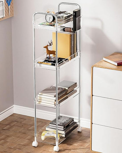 SPACEKEEPER Acrylic Rolling Storage Cart 4 Tier Clear Bathroom Cart Organizer, Transparency Rolling Utility Cart Laundry Room Organization Multifunction Mobile Shelving Unit for Office, Living Room - LeafyLoom