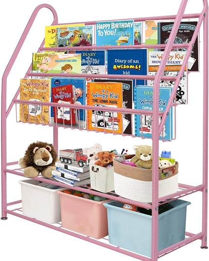 aboxoo Metal Kids Bookshelf Pink Bookcase Freestanding for Children Girls Room 32 inches Large Toddler Pink Stable Bookcase Bookstore Library Book Unit Storage - LeafyLoom