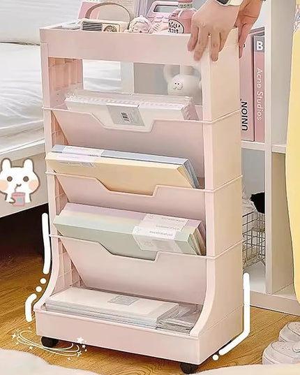5-Tier Bookshelf, Book Storage Organization with Wheels Mobile Rolling Book Cart for Study in Bedroom School Office, Pink - LeafyLoom