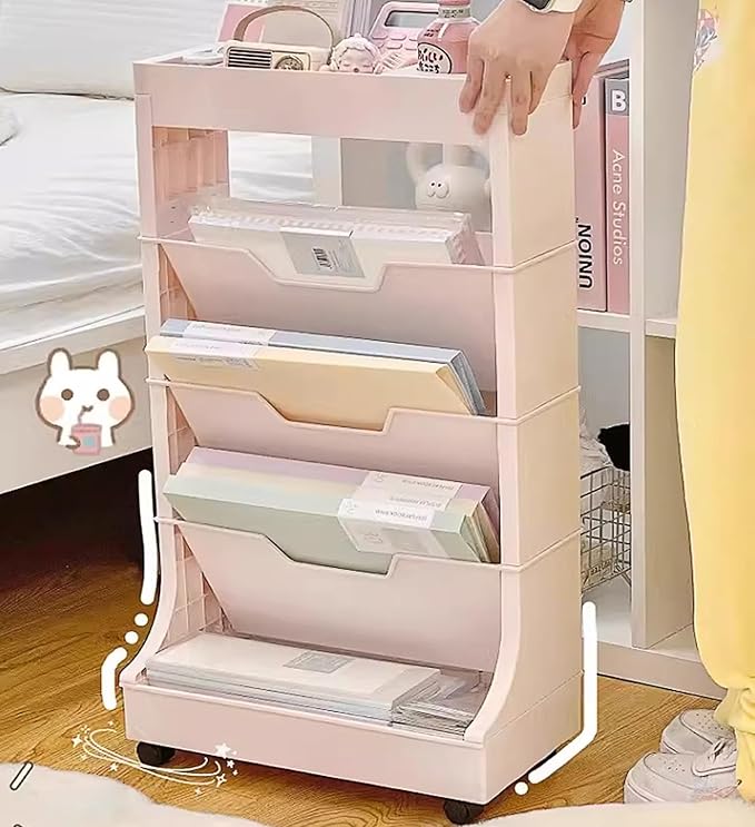 5-Tier Bookshelf, Book Storage Organization with Wheels Mobile Rolling Book Cart for Study in Bedroom School Office, Pink - LeafyLoom
