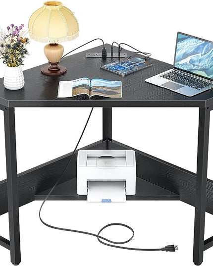 armocity Corner Desk Small Desk with Outlets Corner Table for Small Space, Corner Computer Desk with USB Ports Triangle Desk with Storage for Home Office, Workstation, Living Room, Bedroom, Black - LeafyLoom