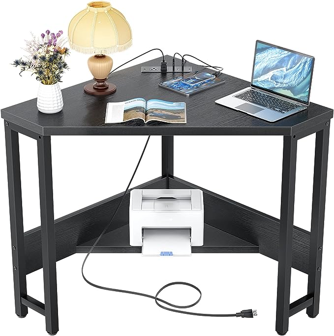 armocity Corner Desk Small Desk with Outlets Corner Table for Small Space, Corner Computer Desk with USB Ports Triangle Desk with Storage for Home Office, Workstation, Living Room, Bedroom, Black - LeafyLoom