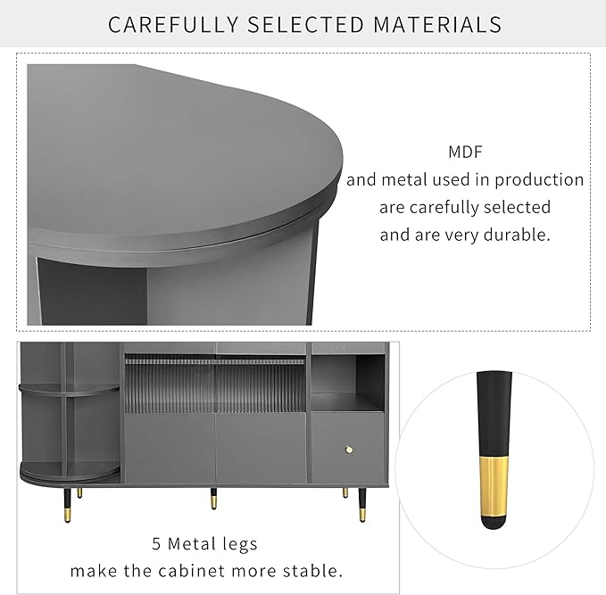 51.1" Rotating Storage Cabinet Sideboard with 2 Doors of Tempered Changhong Glass and 2 Drawers,Wooden Console Table,w/Built-in Shelves & Turntable,for Living Room,Gray - LeafyLoom