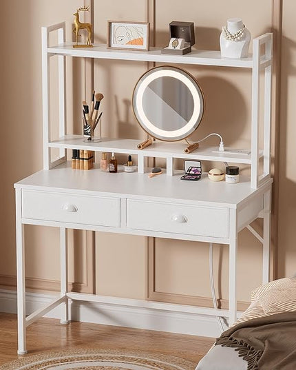 Furologee Small White Computer Desk with Power Outlet and 2 Fabric Drawers, Gaming Desk with LED light, Home Office Desk with Monitor Stand and Hutch for Small Space Working, Study Table with Shelf - LeafyLoom