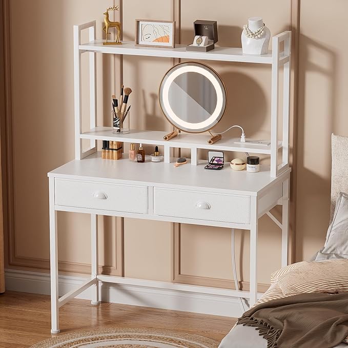 Furologee Small White Computer Desk with Power Outlet and 2 Fabric Drawers, Gaming Desk with LED light, Home Office Desk with Monitor Stand and Hutch for Small Space Working, Study Table with Shelf - LeafyLoom