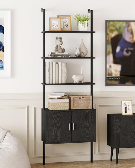 Yusong 73" Tall Bookshelf with Cabinet, Industrial Ladder Wall Mount Shelf Bookcase with Wood and Metal Frame, Plant Shelf Wall Storage Display for Living Room Bedroom, Black Wood Grain - LeafyLoom