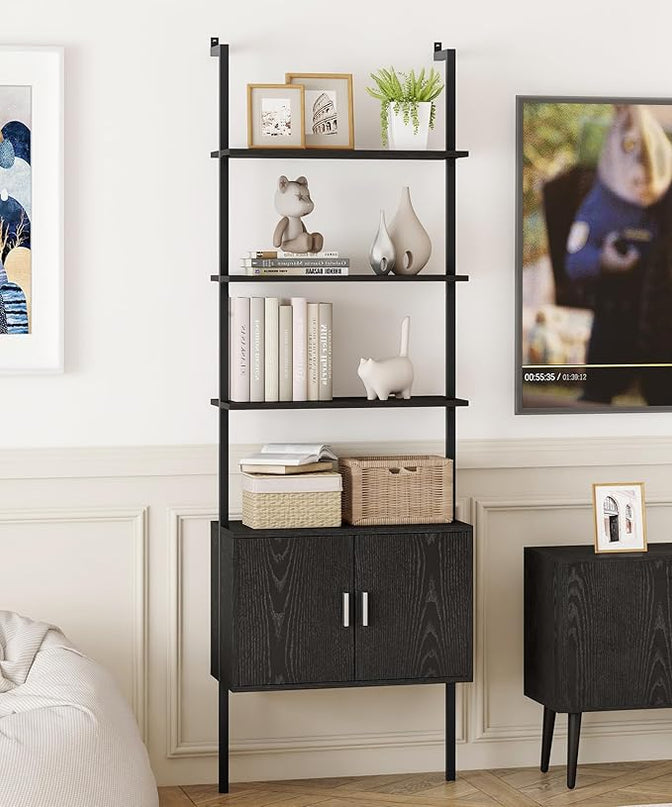 Yusong 73" Tall Bookshelf with Cabinet, Industrial Ladder Wall Mount Shelf Bookcase with Wood and Metal Frame, Plant Shelf Wall Storage Display for Living Room Bedroom, Black Wood Grain - LeafyLoom
