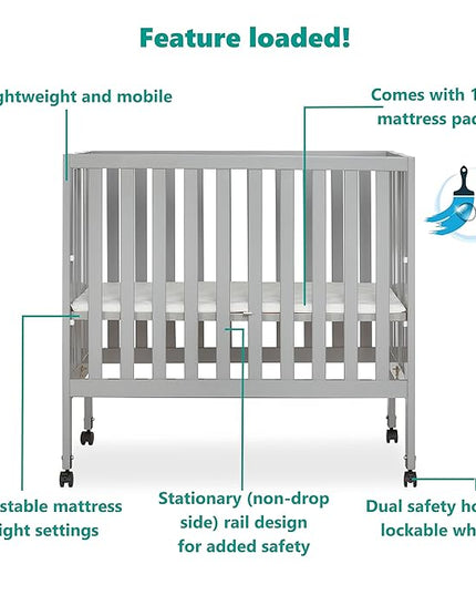 Jett Non-Full Size Folding Convertible Crib, Lightweight Portable Crib, Three Adjustable Mattress Height Settings, Easy to Fold Travel Crib, 1.5” Mattress Pad Included - LeafyLoom