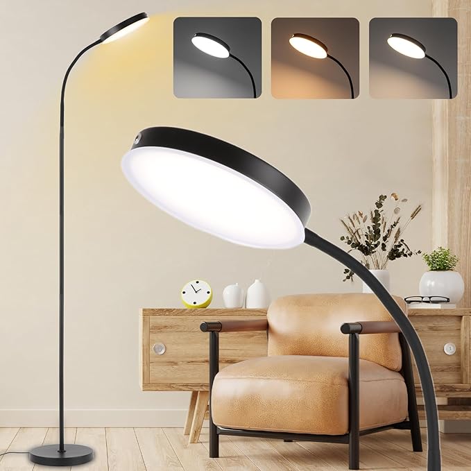 Floor Lamp, LED Floor Lamps for Living Room, Stepless Adjust Color Temperatures & Brightness Standing Lamp with Touch Control Tall Lamps Adjustable Gooseneck Reading Floor Lamp (Black) - LeafyLoom