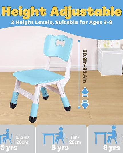 FUNLIO Adjustable Kids Chair (2pcs), 3 Level Height Adjustable Toddler Chair for Ages 3-8, Sturdy Child Chair with Maximum Bearing 220lbs, for Classrooms/Daycares/Homes, CPC & CE Approved - Blue - LeafyLoom