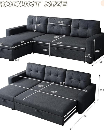 Sleeper Sofa Couch with Pull Out Bed,L Shaped Sleeper Sofa with Storage,Sectional Sleeper Couch,Convertible Sleeper Sectional Sofa W/Chaise and 3 Back Cushions,for Living Room,Office,Dark Grey - LeafyLoom