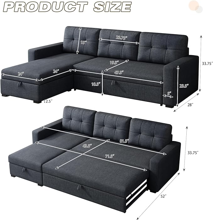 L Shaped Pull Out Couch with Storage Chaise,Convertible Sectional Sleeper Sofa Bed W/ 3 Removable Back Cushions for Living Room,Office,Apartment,Dark Grey,81.5" - LeafyLoom