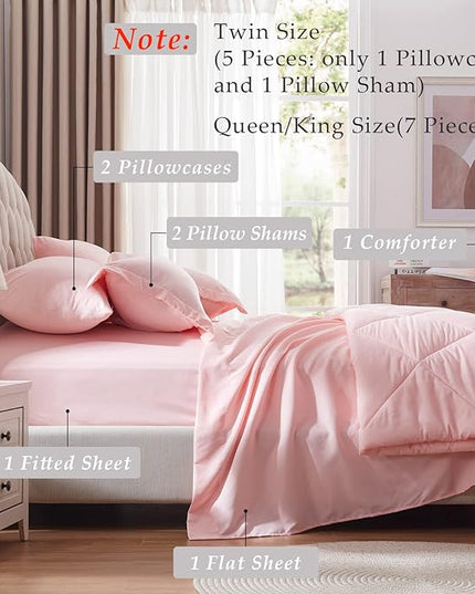 NexHome Pink King Bed in a Bag 7-Pieces Comforter Sets with Comforter and Sheets Soft All Season Bedding Sets with Comforter, Pillow Shams, Flat Sheet, Fitted Sheet and Pillowcases - LeafyLoom