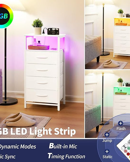 Yoobure LED Nightstand with Charging Station, Tall Dressers for Bedroom, White Night Stand with 4 Storage Drawers, Bedside Table for Closet, Fabric Side Table, End Table in Living Room - LeafyLoom