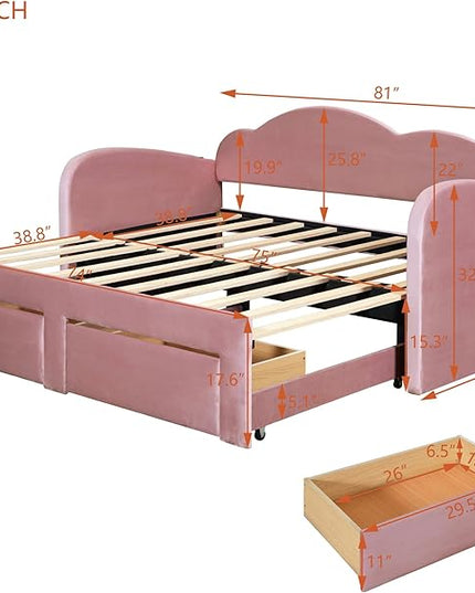 Twin Size Velvet Upholstered Daybed with Cloud-Shaped Backrest and Trundle,Wooden Storage Bed Frame W/Drawers & USB Ports,Convert to King-Size Bed,for Living Room Apartment,Pink - LeafyLoom