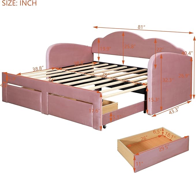 Twin Size Velvet Upholstered Daybed with Cloud-Shaped Backrest and Trundle,Wooden Storage Bed Frame W/Drawers & USB Ports,Convert to King-Size Bed,for Living Room Apartment,Pink - LeafyLoom