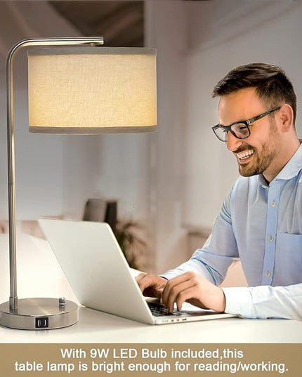 Table Lamp for Living Room, Modern Bedside Lamp with Dual USB Ports, Fully Dimmable Nightstand Lamp with Beige Drum Shade, Silver Finish Side Table Lamp for Bedroom Office, 3000K LED Bulb Included - LeafyLoom