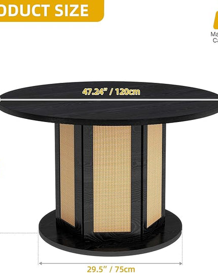 DWVO Round Dining Table for 4-6 People, 47 Inch Farmhouse Kitchen Table with Rattan Circular Base, Wooden Dinner Table for Dining Room Family Gathering, Black - LeafyLoom