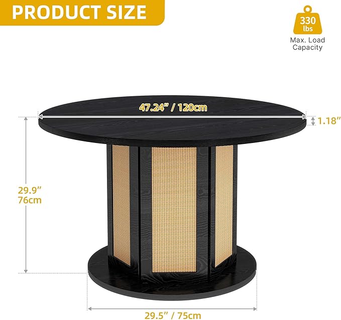 DWVO Round Dining Table for 4-6 People, 47 Inch Farmhouse Kitchen Table with Rattan Circular Base, Wooden Dinner Table for Dining Room Family Gathering, Black - LeafyLoom