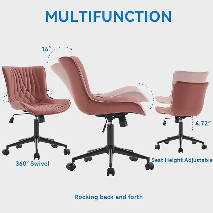 YOUNIKE Office Chair, Armless Desk Chair with Wheels, Home Office Computer Task Chairs, Modern Faux Leather Upholstered Vanity Chair, Adjustable Swivel Rocking Chair with Back, Dusty Rose - LeafyLoom