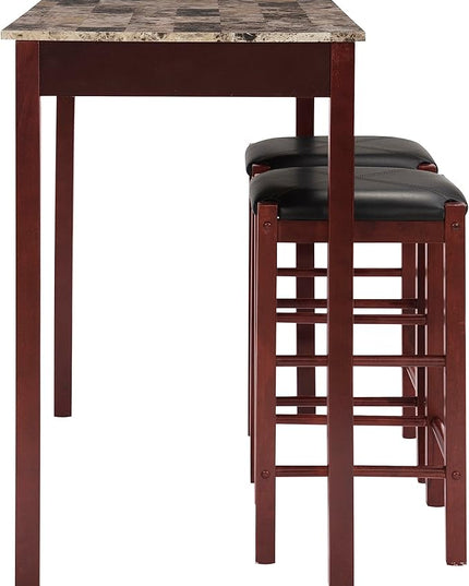 Linon Brown 3-Piece Table Faux Marble Tavern Set, 42" w x 22.25" d x 36" h - LeafyLoom