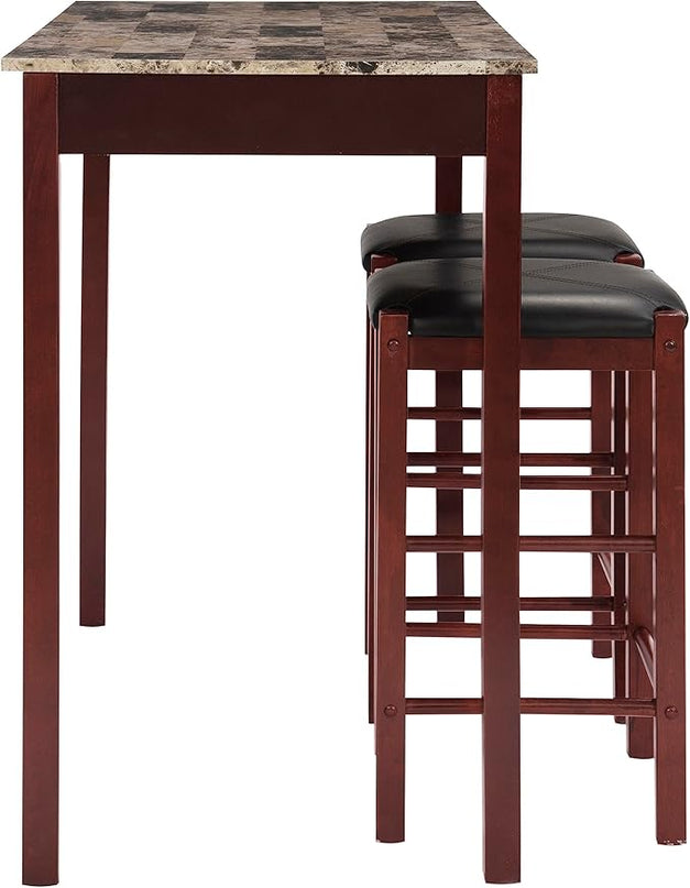 Linon Brown 3-Piece Table Faux Marble Tavern Set, 42" w x 22.25" d x 36" h - LeafyLoom