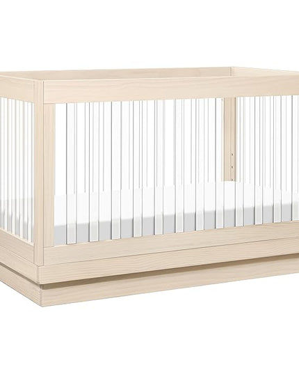 Babyletto Harlow Acrylic 3-in-1 Convertible Crib with Toddler Bed Conversion Kit in Washed Natural with Acrylic Slats, Greenguard Gold Certified - LeafyLoom