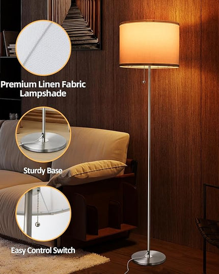 Floor Lamp, Modern Standing Lamps for Living Room with LED Bulb, 3 Color Temperature Simple Design Tall Lamps with Pull Chain Switch, Silver Pole Lamp with Lampshade for Office Reading - LeafyLoom