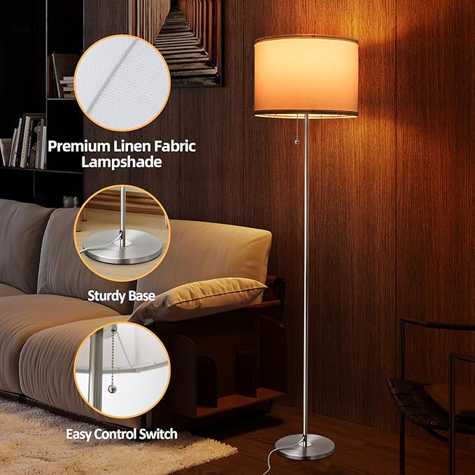 Floor Lamp, Modern Standing Lamps for Living Room with LED Bulb, 3 Color Temperature Simple Design Tall Lamps with Pull Chain Switch, Silver Pole Lamp with Lampshade for Office Reading - LeafyLoom