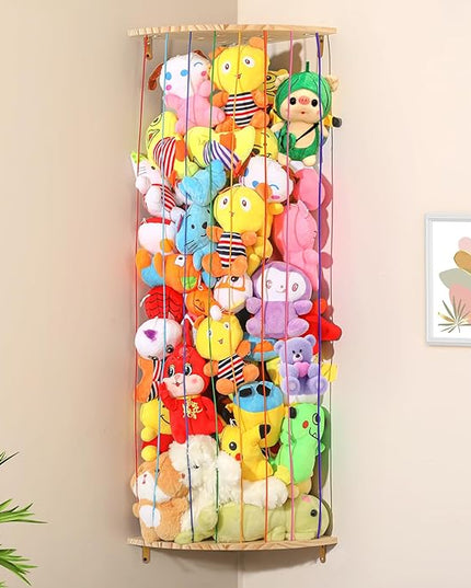 Stuffed Animal Storage Toy Organizer, Wood Corner Plushies Storage Wall Shelf Adjustable Length Stuffed Animal Holder, Large Kids Toy Storage for Nursery Playroom Bedroom Kid Room - LeafyLoom