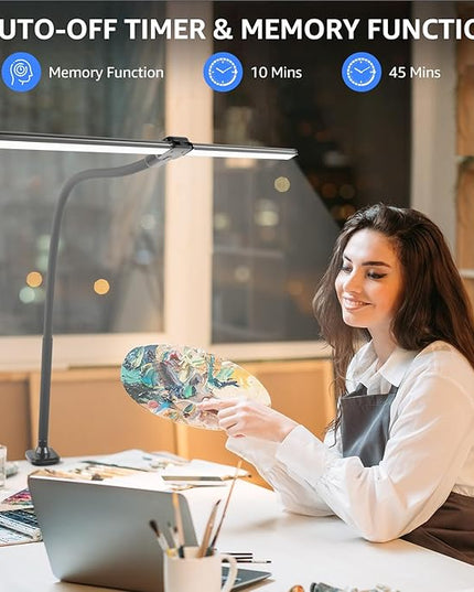 ShineTech LED Desk Lamp for Home Office, 5000K Bright Double Head Architect Task Lamps with Clamp, Dimmable Adjustable Flexible Gooseneck, Black - LeafyLoom