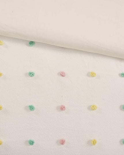 Callie Cotton Jacquard Weave Colorful Pom Pom Kids Comforter sets, Down Alternative Shabby Chic All Season Girls Bedding, Bedroom Decor, Full/Queen, Multi 5 Piece - LeafyLoom