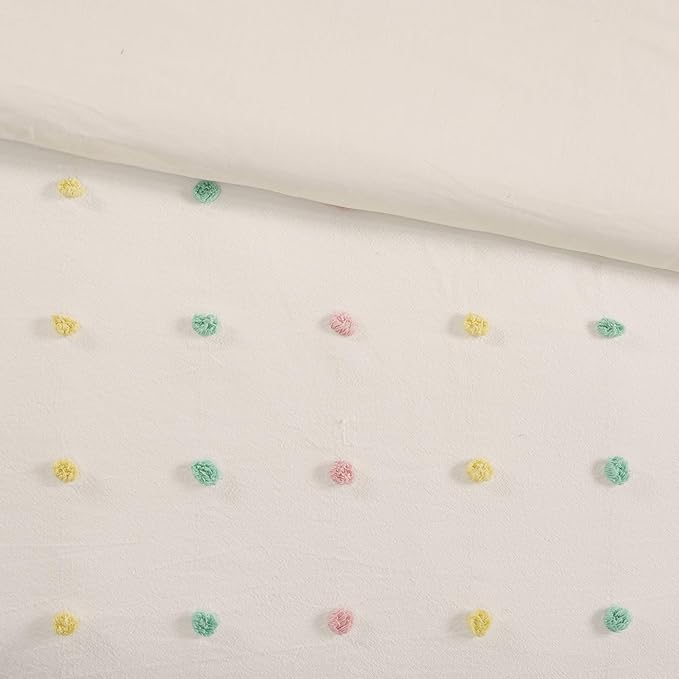 Callie Cotton Jacquard Weave Colorful Pom Pom Kids Comforter sets, Down Alternative Shabby Chic All Season Girls Bedding, Bedroom Decor, Full/Queen, Multi 5 Piece - LeafyLoom