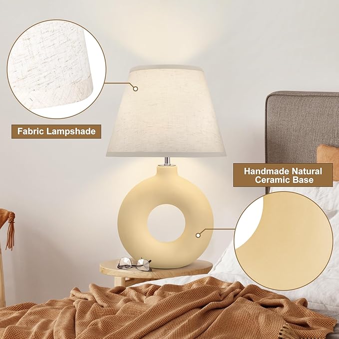 Yellow Table Lamp for Living Room Bedroom, 21" Modern Boho Ceramic Bedside Lamps for Kids Room 3 Color Temperature Small Lamps for Night Stands, Dorm, Dining Room, Home Décor (Bulb Included) - LeafyLoom
