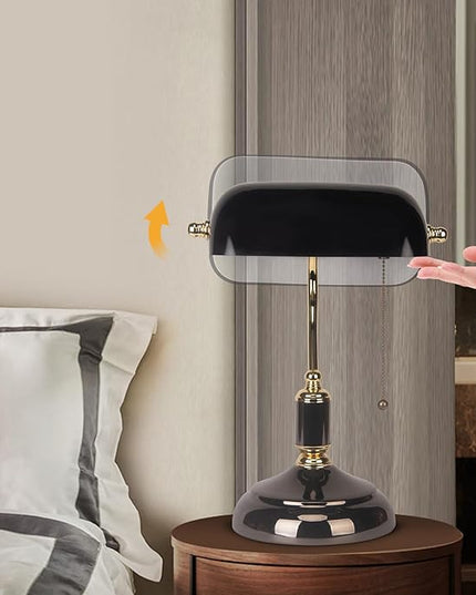 FIRVRE Bankers Desk Lamp with Pull Chain Switch Plug in Fixture, Black Glass Shade Desk Lamps, Golden and Black E26 Base, Traditional Library Lamp for Office,Piano,Study Room - LeafyLoom