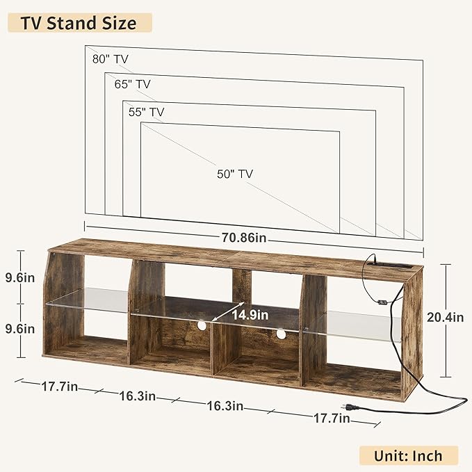 VECELO LED TV Stand Power Outlet for 70 inch Gaming Entertainment Center with 7 Open Storage Shelves, Industrial Television Cabinet for Living Room, Bedroom, Light Brown, 70inch - LeafyLoom
