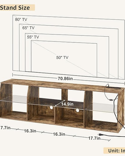 VECELO LED Gaming TV Stand with Power Outlets Television Cabinet with 7 Open Storage Shelves, Industrial Entertainment Center for Living Room and Bedroom, Light Brown, 70inch - LeafyLoom