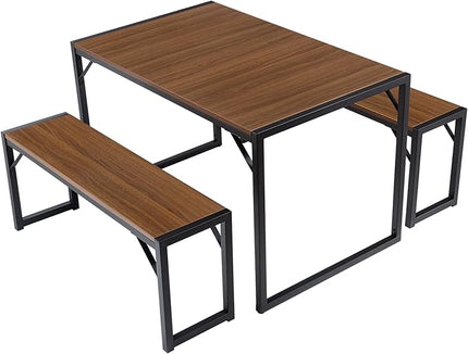 SHA CERLIN 3-Piece Dining Table Set with 2 Benches, Rustic Kitchen Table Set for 4-6, Space-Saving Dinette, Sturdy Structure, Easy Assemble, Walnut/Black - LeafyLoom