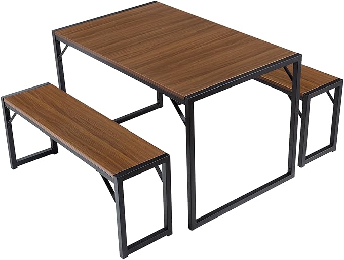 SHA CERLIN 3-Piece Dining Table Set with 2 Benches, Rustic Kitchen Table Set for 4-6, Space-Saving Dinette, Sturdy Structure, Easy Assemble, Walnut/Black - LeafyLoom