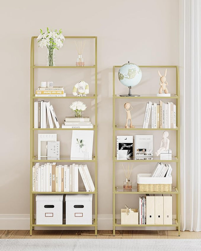 Bookcase Bookshelf, Tempered Glass Arched Bookshelf for More Storage, Slim Shelving Unit for Bedroom, Bathroom, Home Office, Steel Frame, Wide 5 Tier Gold BC22599G - LeafyLoom